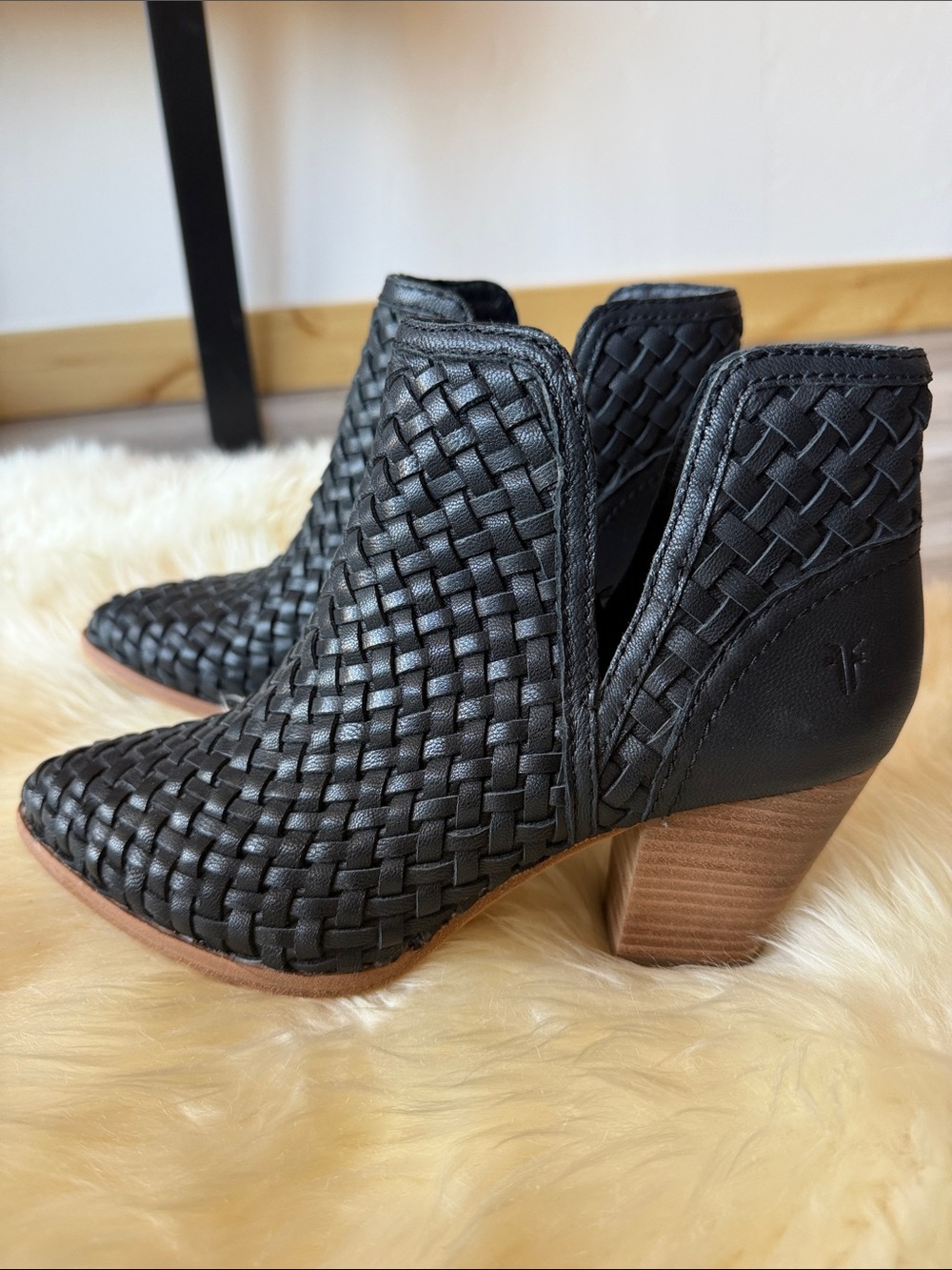 Frye Black Woven Leather Ankle Booties